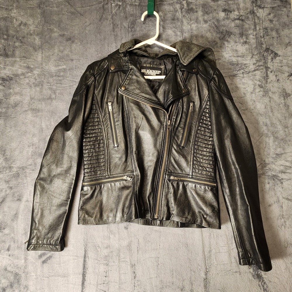 Milwaukee Leather Womens Biker Jacket Black Removable Hood Moto Zip